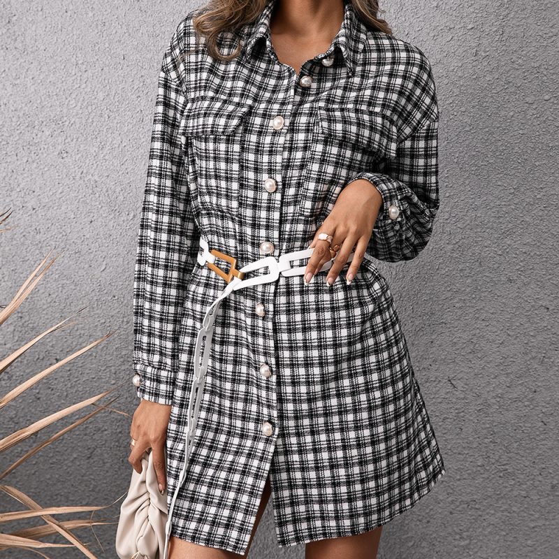 Casual Single Breasted Mid Length Plaid Shacket Shirt Dress - Image 2