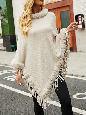 Fur Collar Knitted Shawl Cape