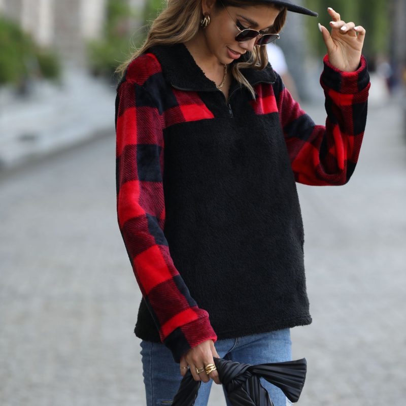 Half Long Sleeve Plush Zipper Pullover - Image 3
