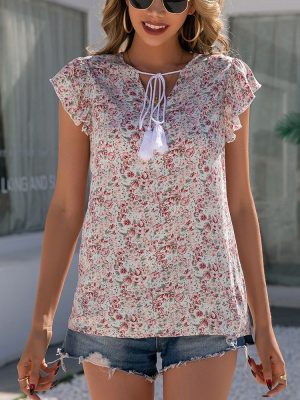 Bohemian Floral V-Neck Lace-Up Ruffle Sleeve Shirt for Women