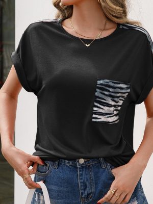 Leopard Print Short Sleeve T-shirt Pocket Casual Top Women