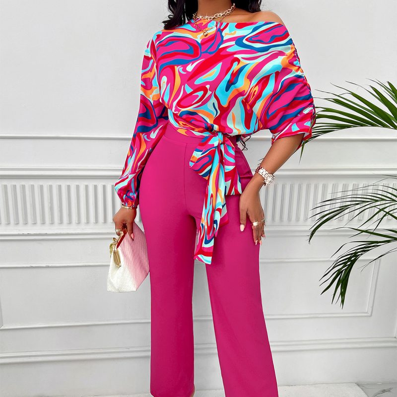 Casual Sexy Oblique Shoulder Shirt Trousers Suit - Image 2