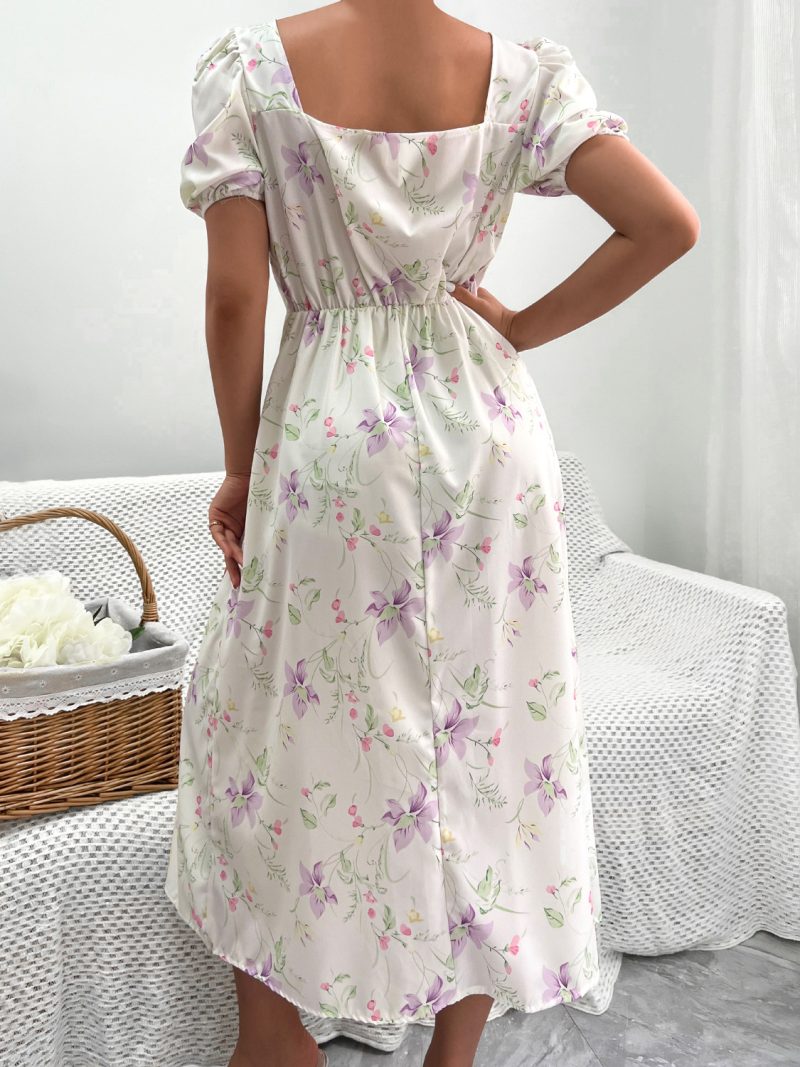 Women Clothing Puff Sleeve Floral Split Dress Vacation - Image 6