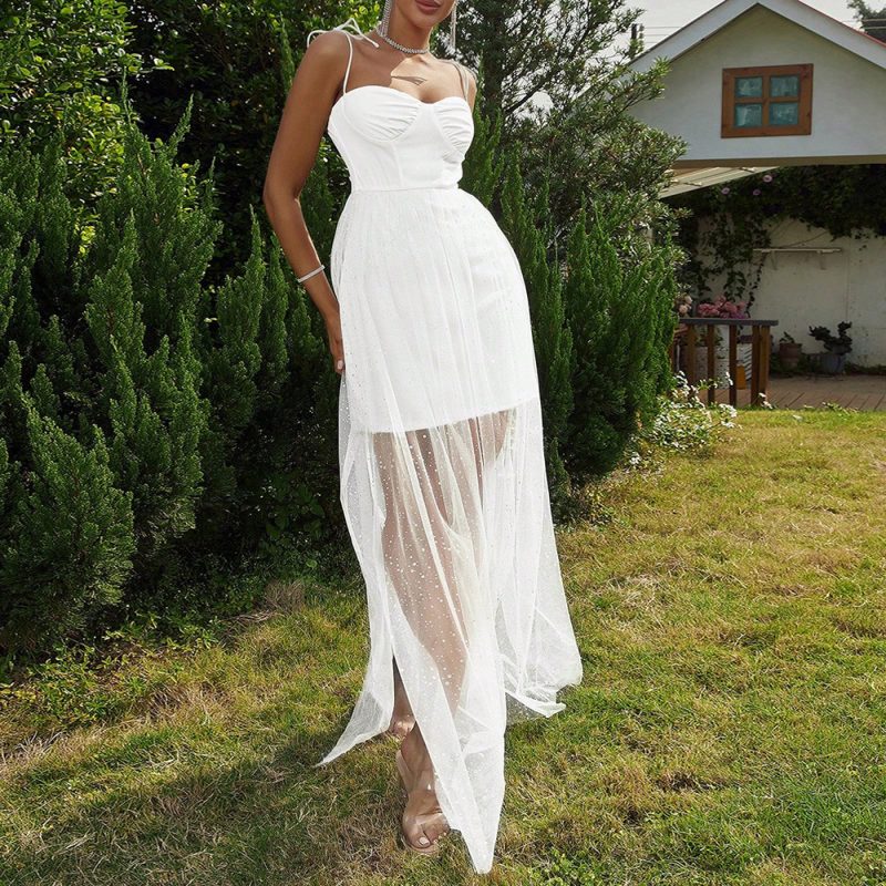 Backless Mesh Camisole White Wedding Dress - Image 2