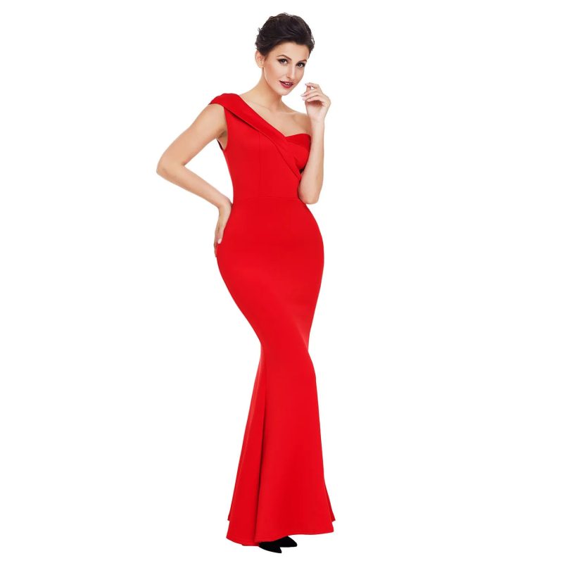 Sloping Shoulder Backless Solid Color Evening Dress for Women - Image 2