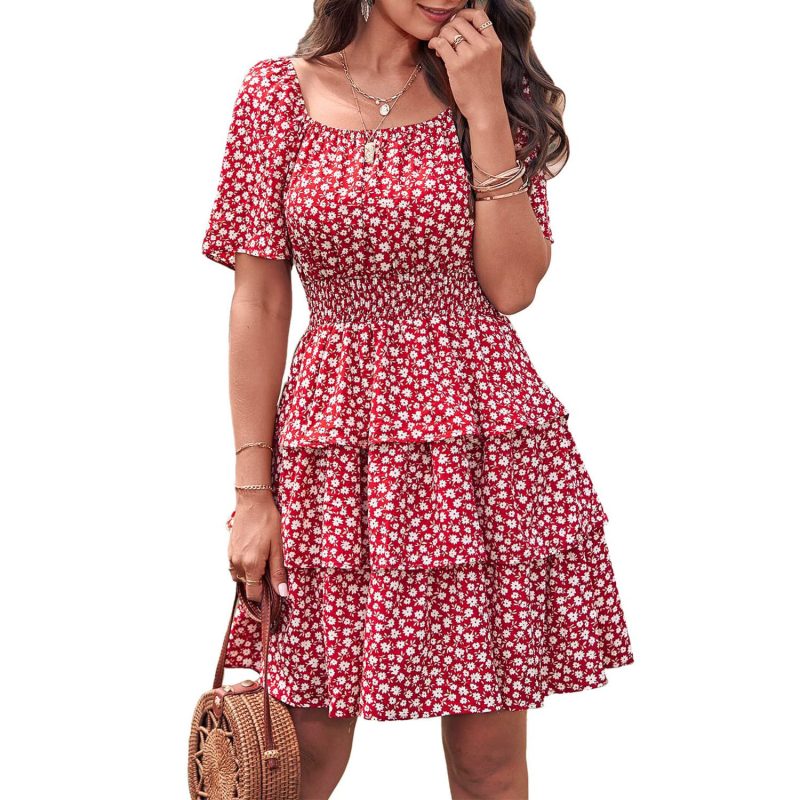 Floral Square Collar Short Sleeve Layered Pleated Dress for Women in Spring/Summer - Image 3
