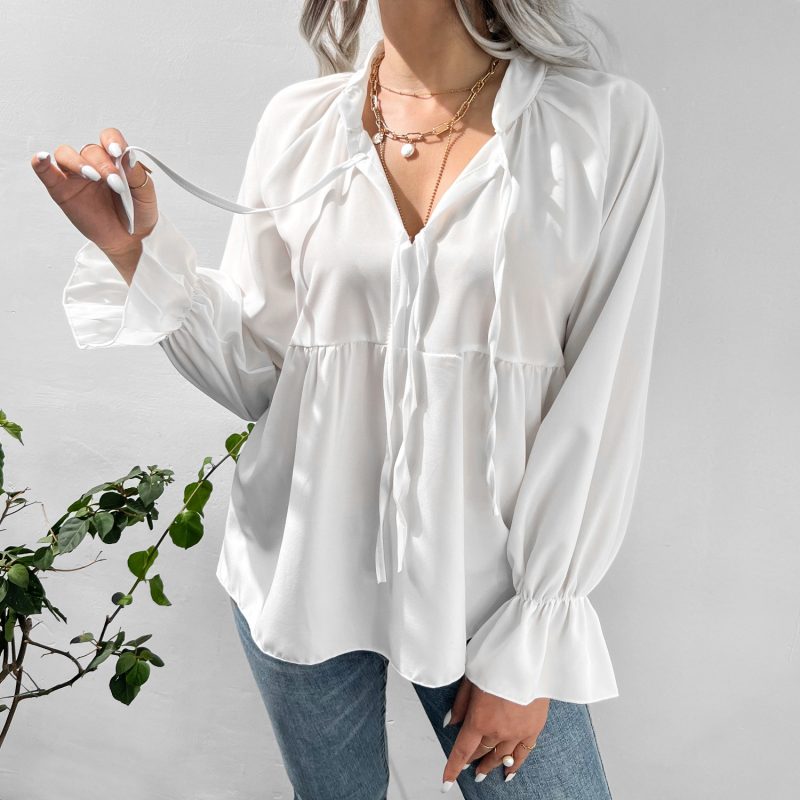 White Bell Sleeve Shirt with Bow for Autumn/Winter - Image 3