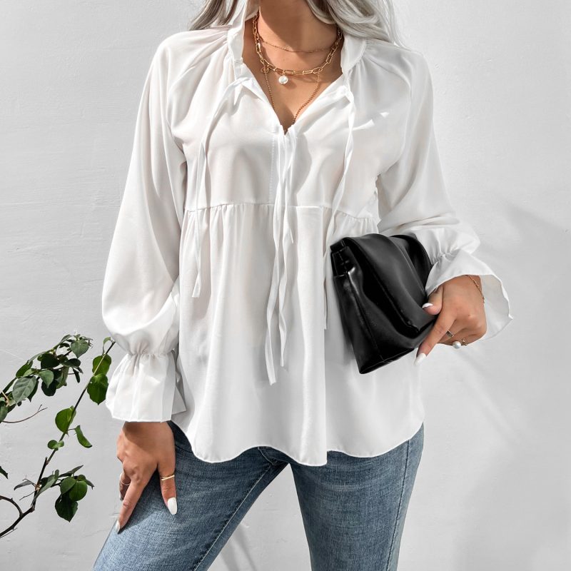 White Bell Sleeve Shirt with Bow for Autumn/Winter - Image 2