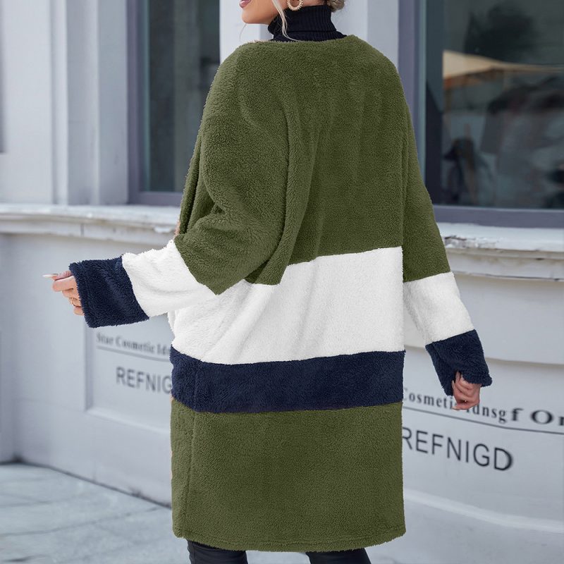 Double Sided Fur Colorblock Mid Length Cardigan Trench Coat - Image 3