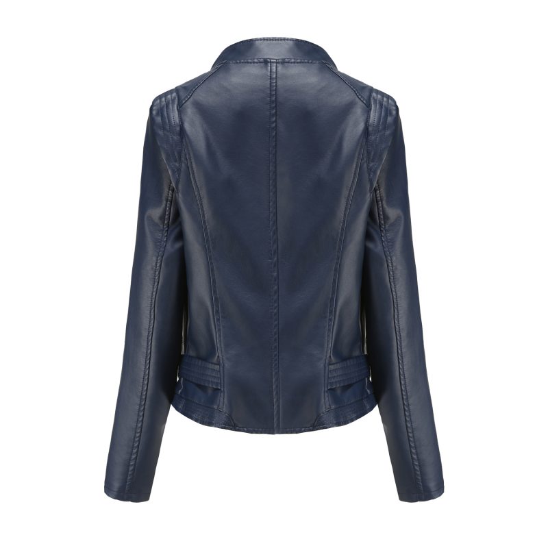 Slim-Fit Faux Leather Collared Coat for Women - Image 3