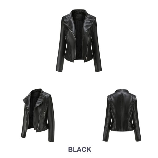 Slim-Fit Faux Leather Collared Coat for Women - Image 7