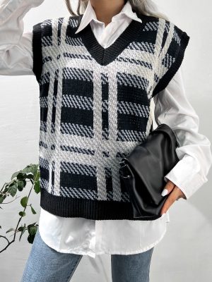 Casual Plaid Knitted Vest for Women in Autumn/Winter