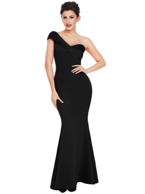 Sloping Shoulder Backless Solid Color Evening Dress for Women