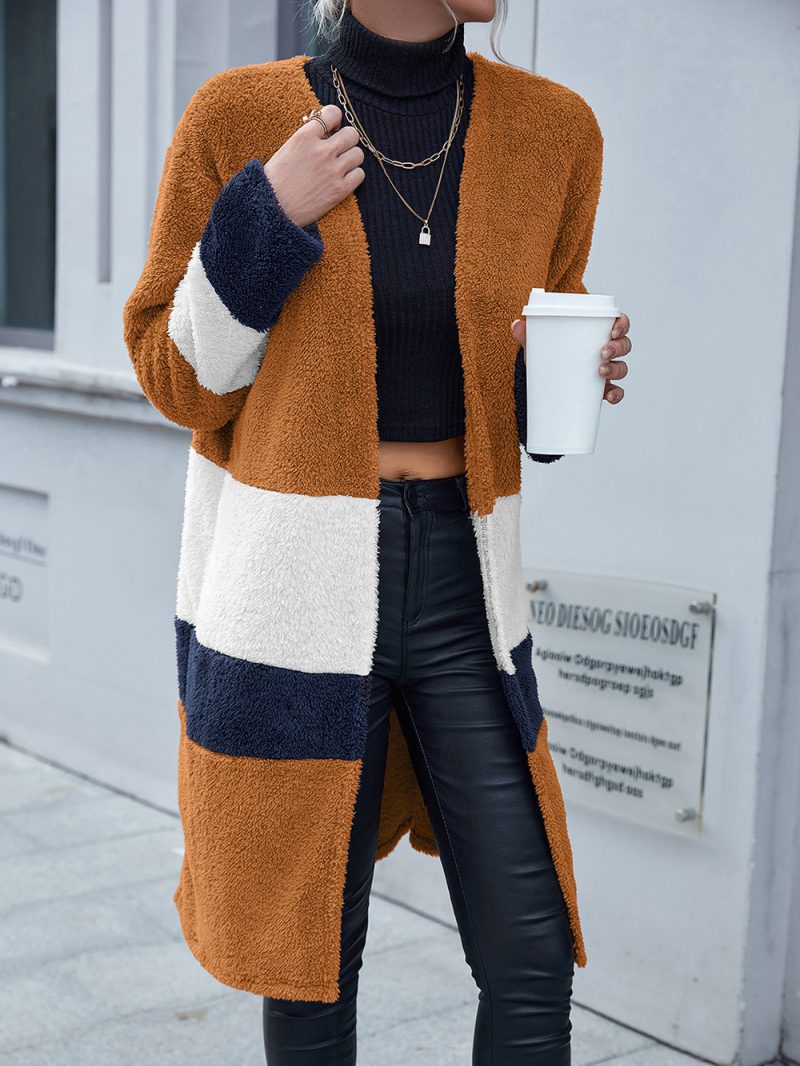 Double Sided Fur Colorblock Mid Length Cardigan Trench Coat - Image 6