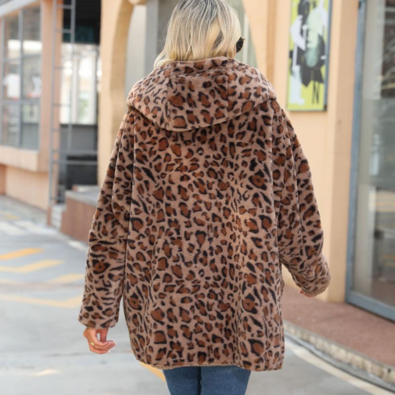 Hooded Leopard Print Bubble Velvet Outerwear for Casual Autumn Day - Image 4