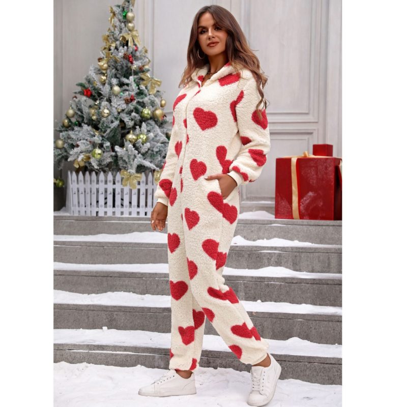 Plush Loving Heart Printed Hooded Jumpsuit for Women in Autumn/Winter - Image 3