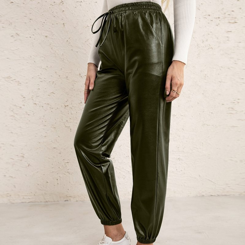 Leather Trousers with Elastic Waist and Ankle Ties - Image 2
