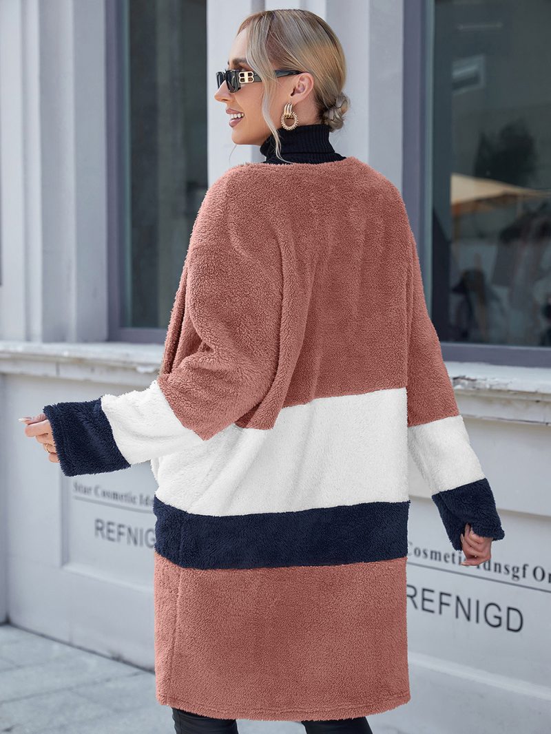 Double Sided Fur Colorblock Mid Length Cardigan Trench Coat - Image 4