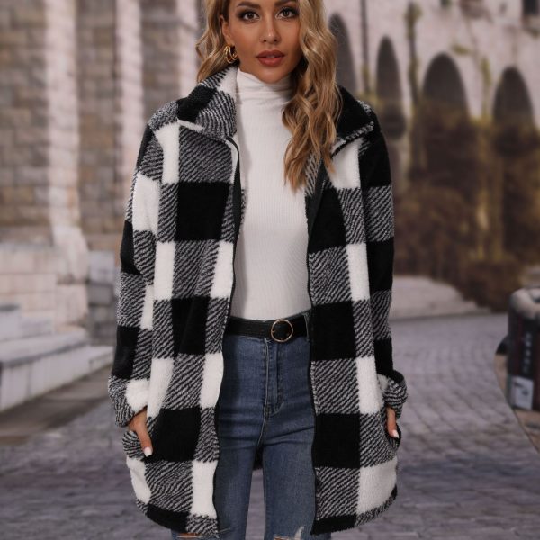 Women's Collared Plaid Zipper Plush Casual Long Coat