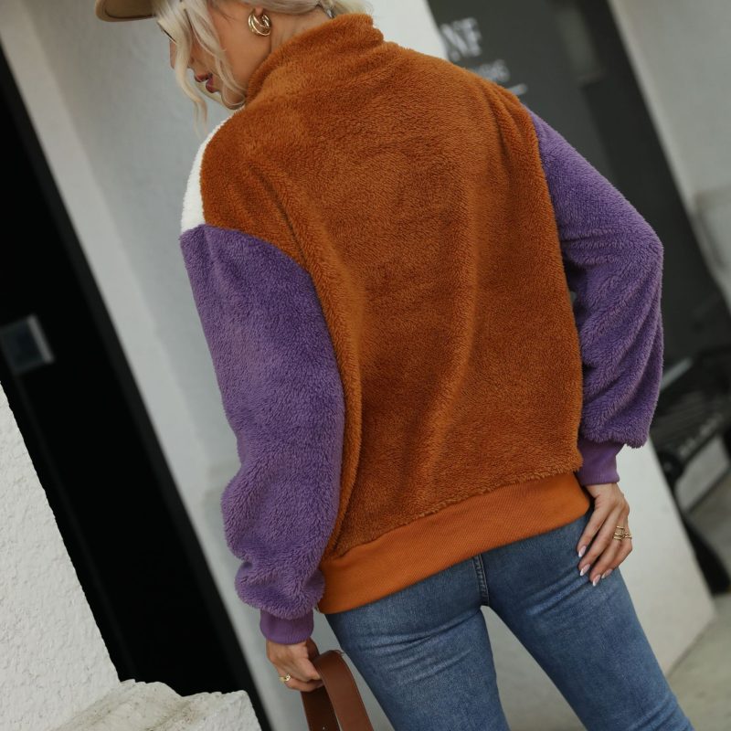 Round Neck Loose Stitching Fleece Sweatshirt - Image 4