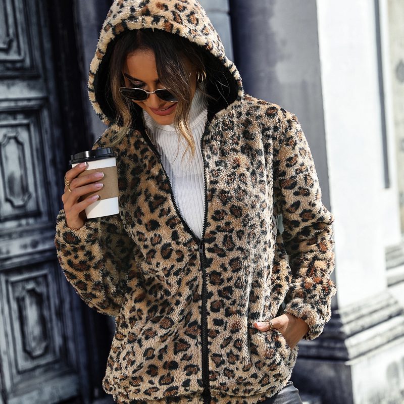 Leopard Print Hooded Plush Jacket - Image 2