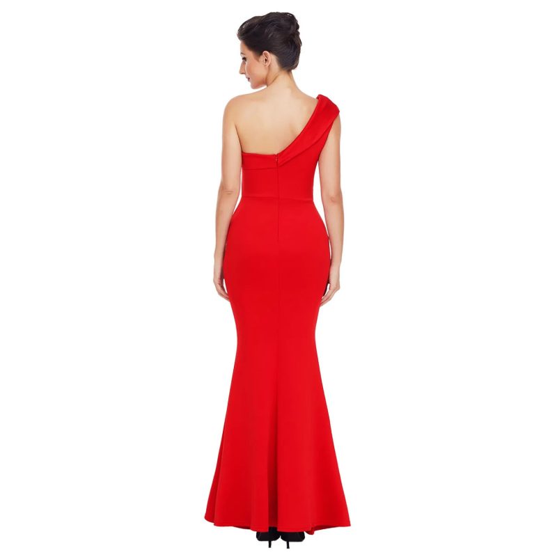 Sloping Shoulder Backless Solid Color Evening Dress for Women - Image 3
