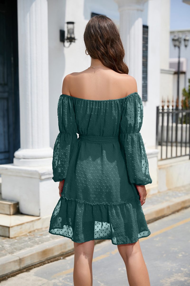 Off-Shoulder Long Sleeve Dress with Fur Ball Details and Belt - Image 6