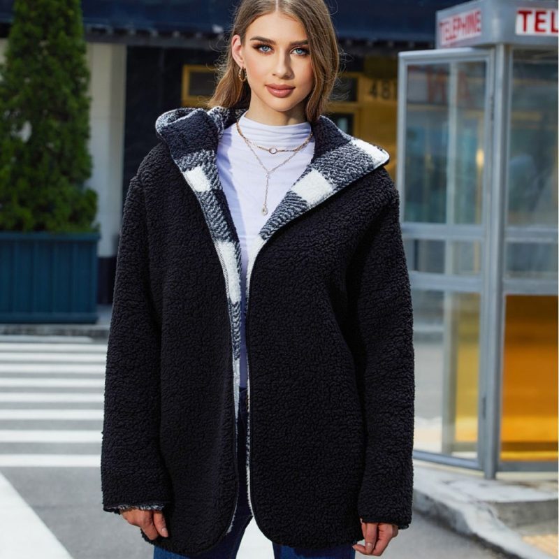 Warm Plaid Buckle-Free Hooded Cardigan - Image 4