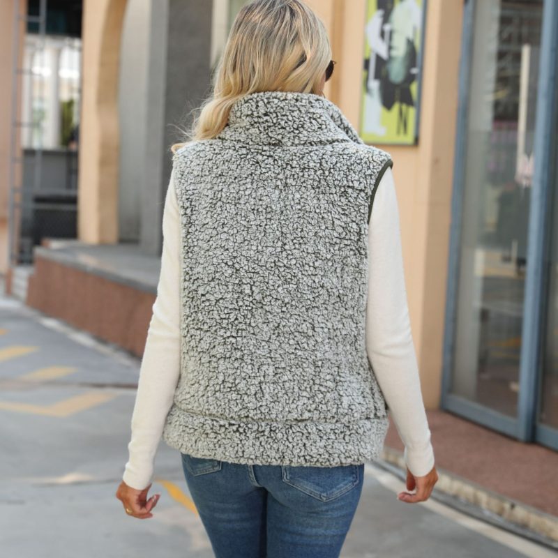 Casual Round Neck Zipper Bubble Velvet Vest Jacket - Image 4