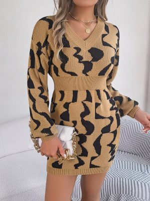 Contrast V-Neck Sweater Dress