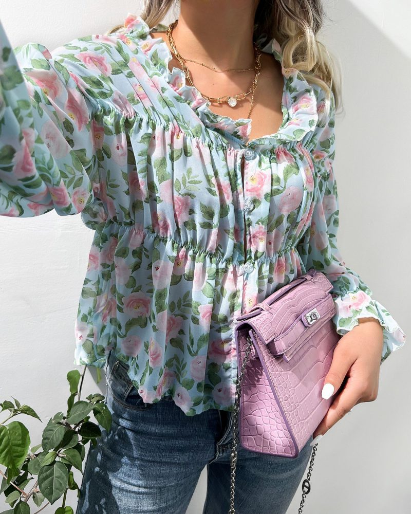 Wooden Ear Charm: Bell Sleeve Floral Chiffon Shirt for Autumn/Winter - Image 2