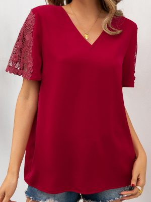 Lace Stitching V Neck Short Sleeve Shirt for Women