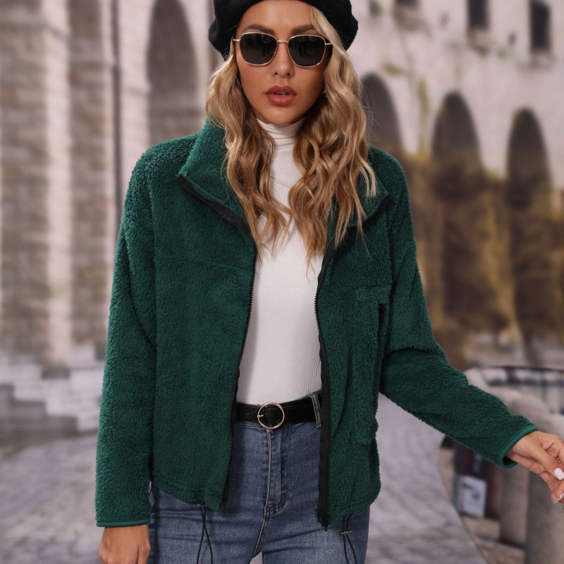 Women's Round Neck Adjustable Rope Zipper Plush Casual Jacket - Image 2