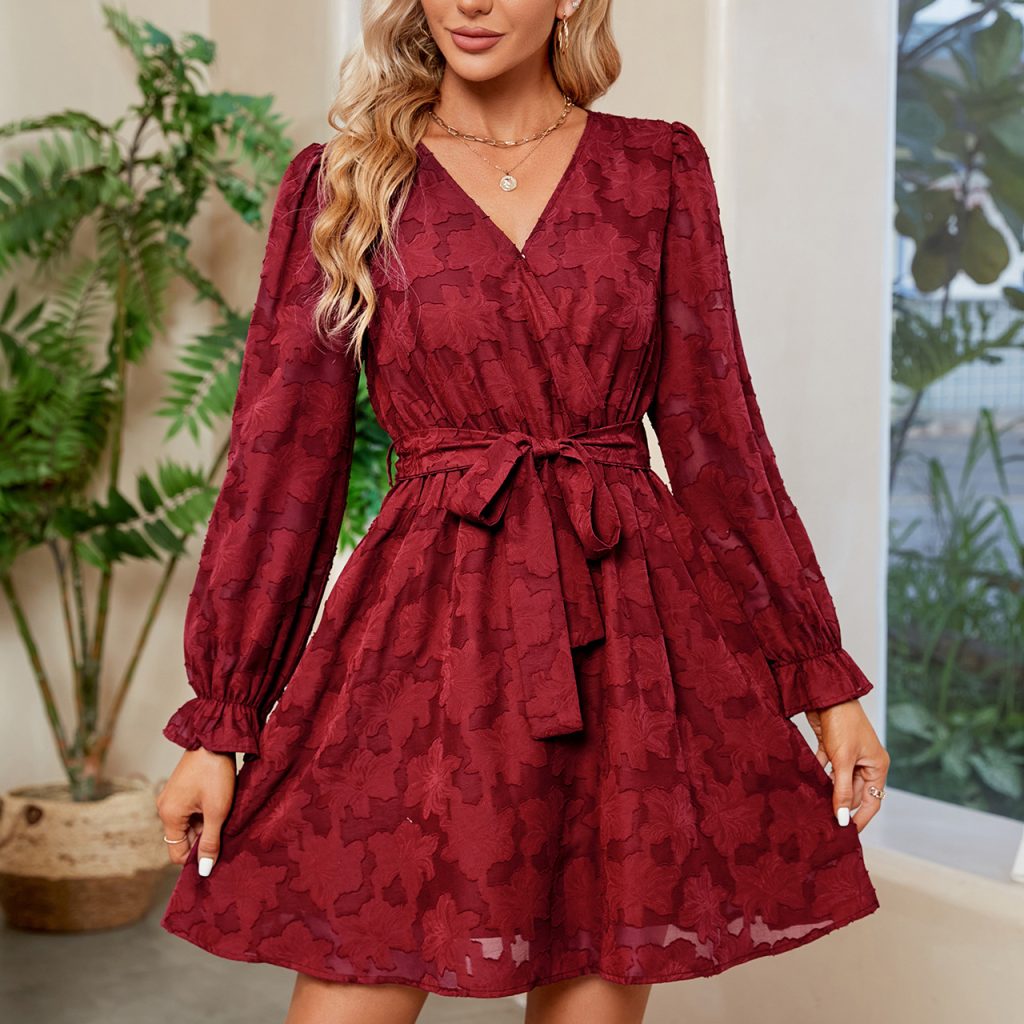 V-Neck Long Sleeve Cocktail Party Dress with Waist Belt - Image 3