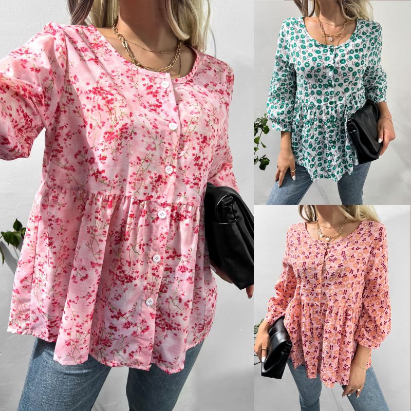 Floral Cotton Linen Shirt with Three-Quarter Sleeves - Image 5
