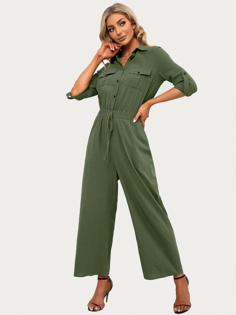 Double Pocket Single-Breasted Long Sleeve Jumpsuit - Image 5