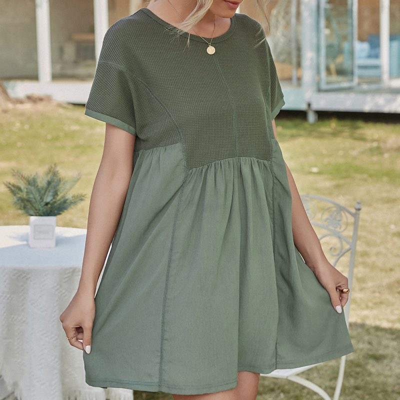 Waffle Stitching A-Line Short-Sleeved Loose Dress - Image 7