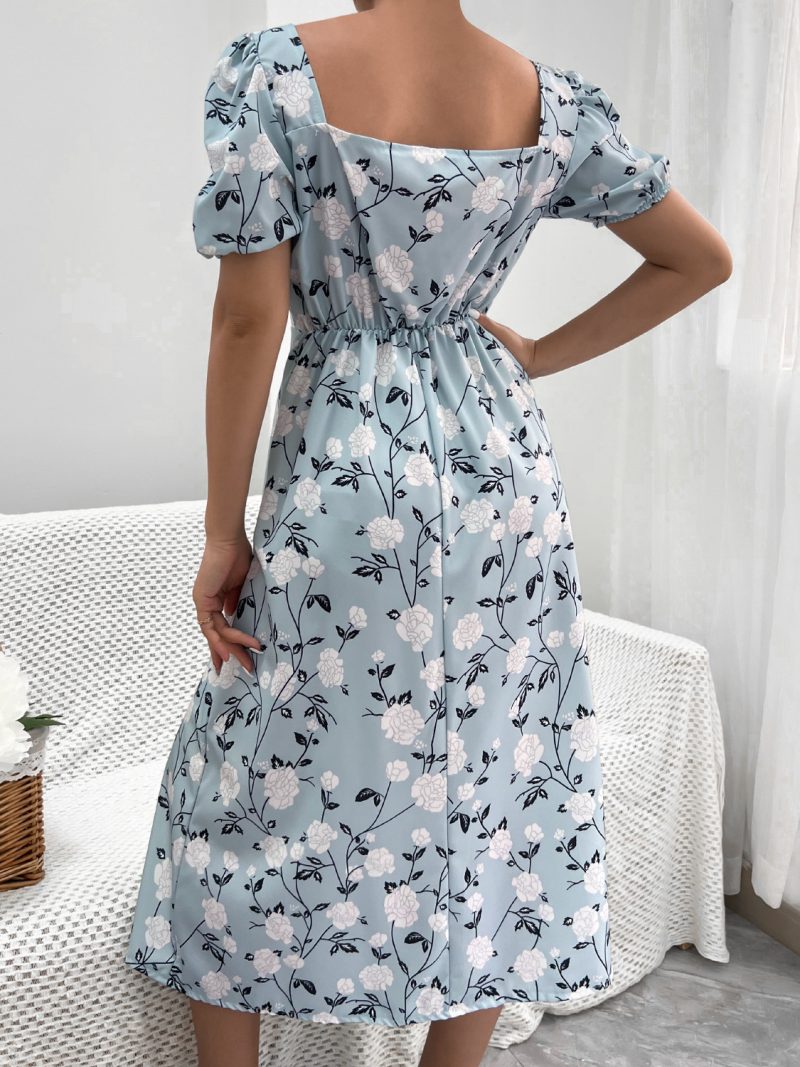 Women Clothing Puff Sleeve Floral Split Dress Vacation - Image 3