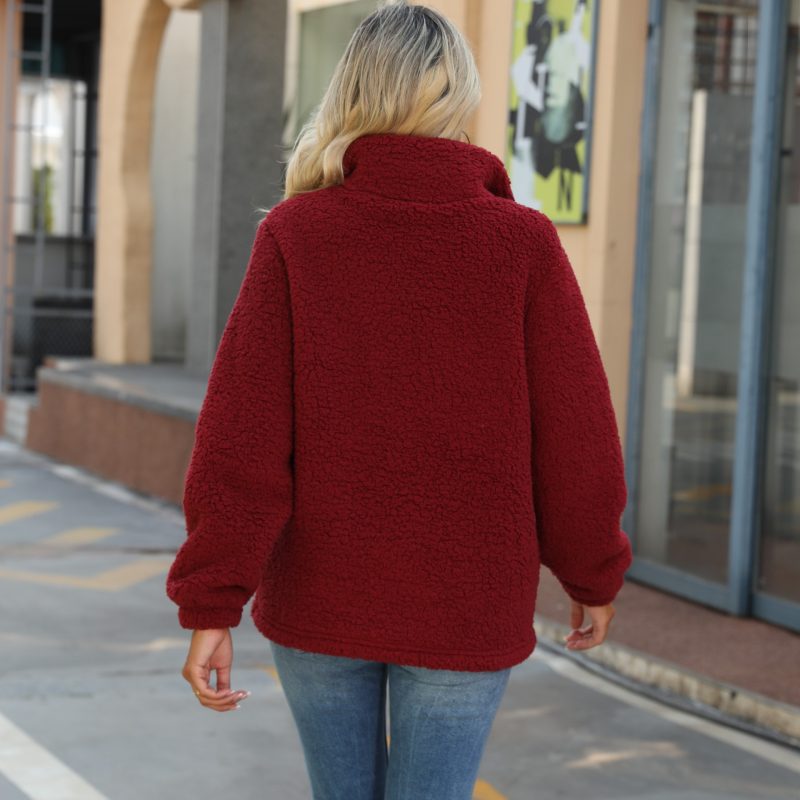 Round Neck Long Sleeve Stitching Double-Breasted Bubble Velvet Coat for Women - Image 4
