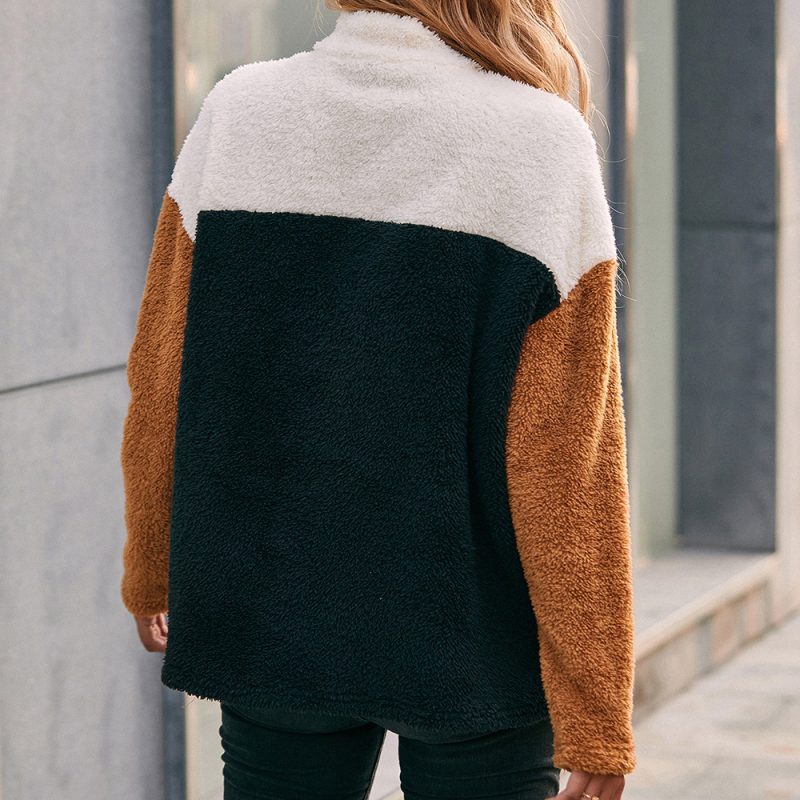 Double Sided Plush Color Contrast Patchwork Pocket Sweatshirt - Image 4