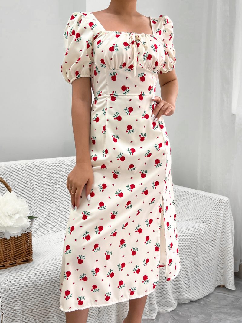 Women Clothing Puff Sleeve Floral Split Dress Vacation - Image 7