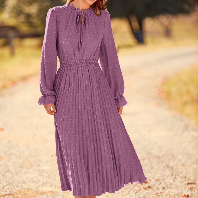 Fall Long Sleeve V-Neck Swiss Polka Dot Maxi Dress for Women - Image 2