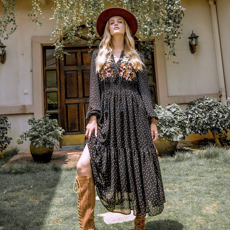 Embroidered Black High Waist Smocking Maxi Dress - Image 7
