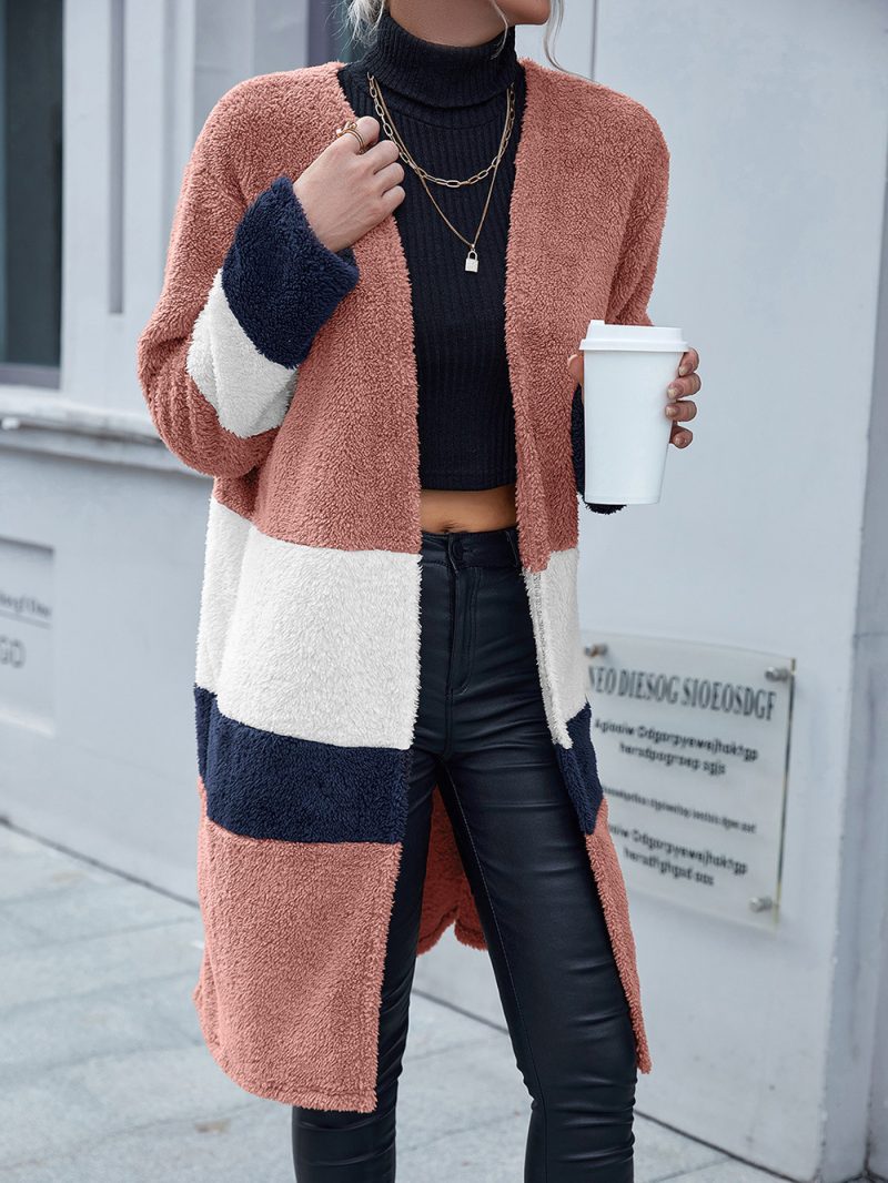 Double Sided Fur Colorblock Mid Length Cardigan Trench Coat - Image 5