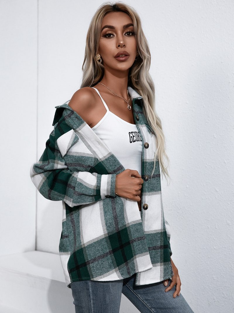 Long Sleeved Plaid Casual Shacket for Women - Image 8