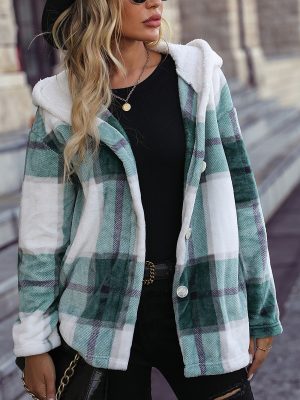 Hooded Plaid Mid-Length Velvet Coat