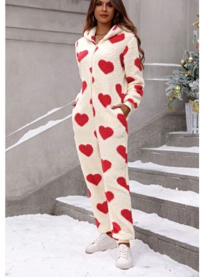 Plush Loving Heart Printed Hooded Jumpsuit for Women in Autumn/Winter