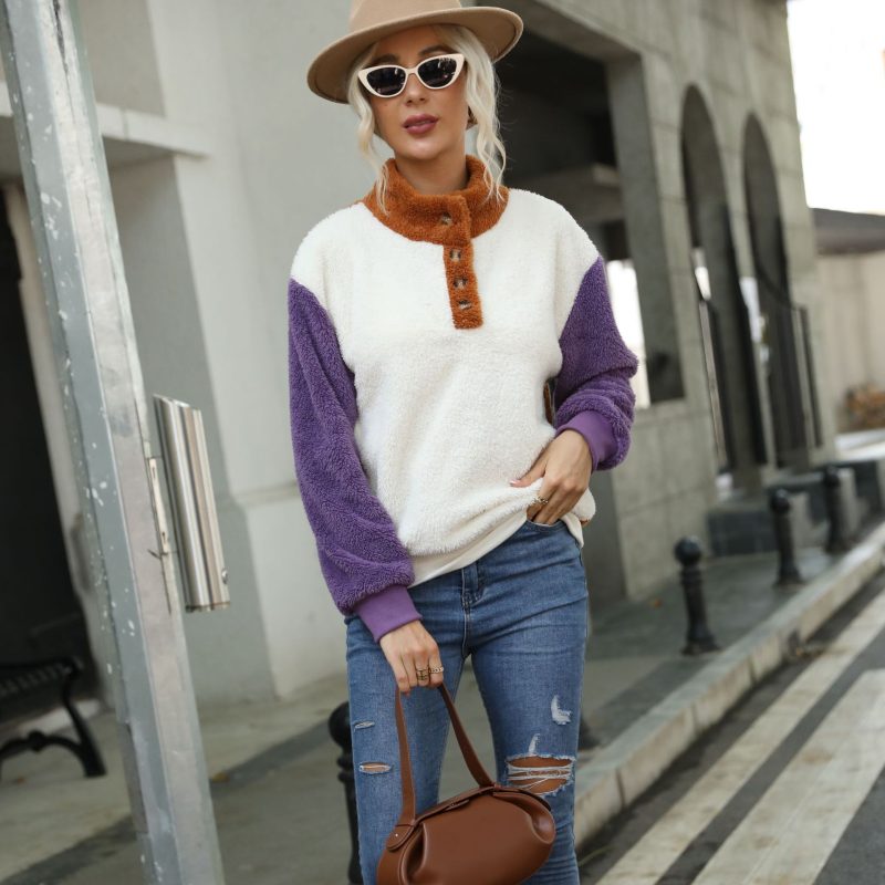 Round Neck Loose Stitching Fleece Sweatshirt - Image 2