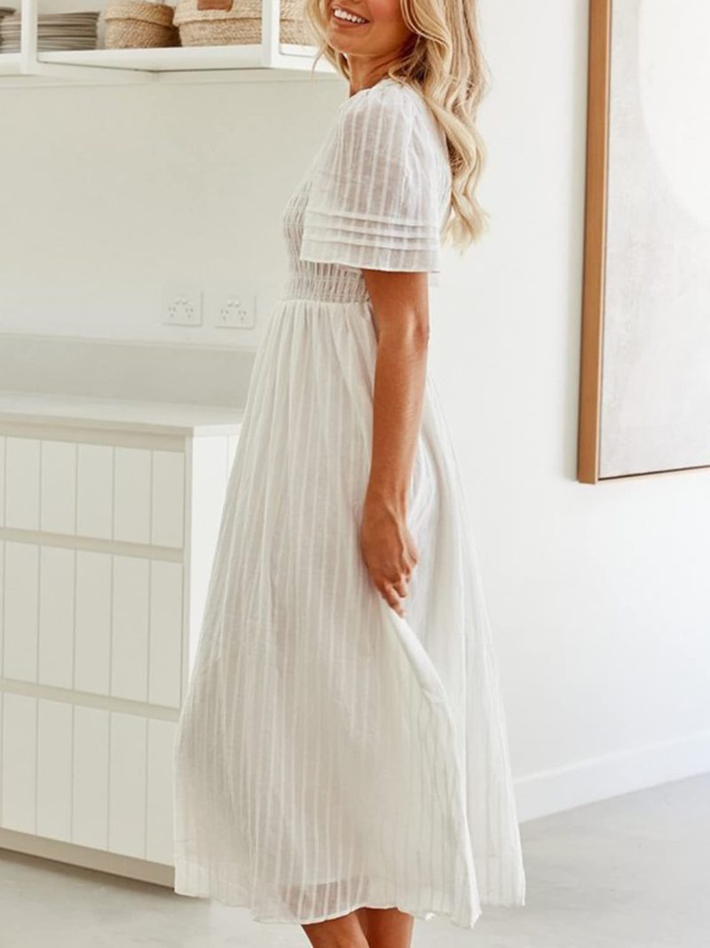 Summer Short Sleeve Pleated Mid-Length Dress for Women - Image 5