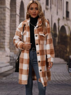 Women’s Collared Plaid Single-Breasted Long Plush Coat